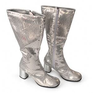 Bordello Spectacul-300SQ Silver Sequin Knee Boots Cosplay Costume Disco Size 10